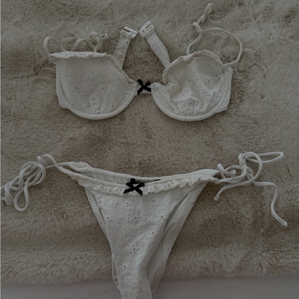 Zara White Eyelet Bikini Set with Black Bow Accents